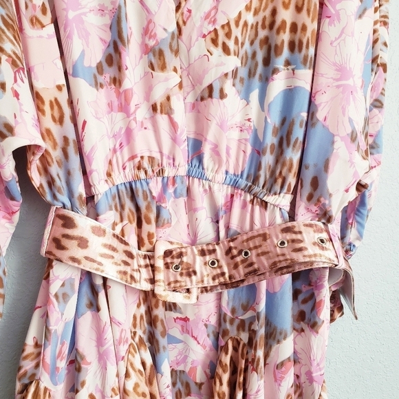 Venus Pink And Blue Floral Leopard Print Long Sleeve Belted Dress - Picture 6 of 10